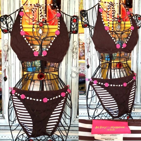Vintage Betsey Johnson Bikini Pink 3D Rose Brown Hearts Fabric Swimsuit Size L M - Picture 2 of 14